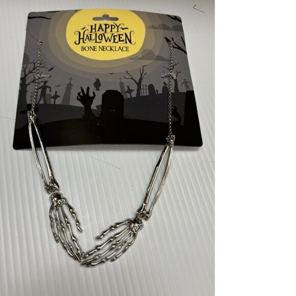 Halloween Bone Necklace Skeleton Hand Silver Metal 17" Chain Costume Accessory - Picture 3 of 5